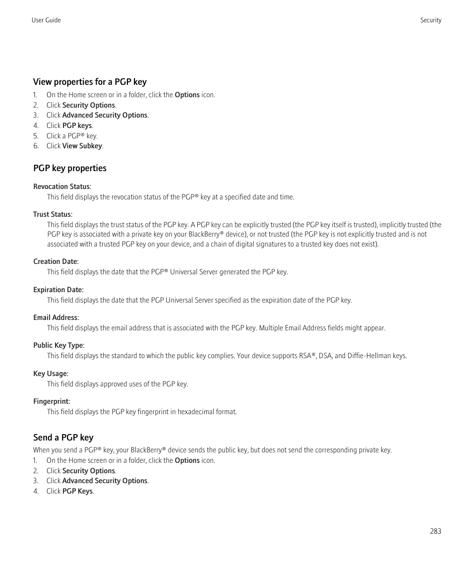 View properties for a pgp key, Pgp key properties, Send a pgp key | Blackberry Bold 9700 User Manual | Page 285 / 332