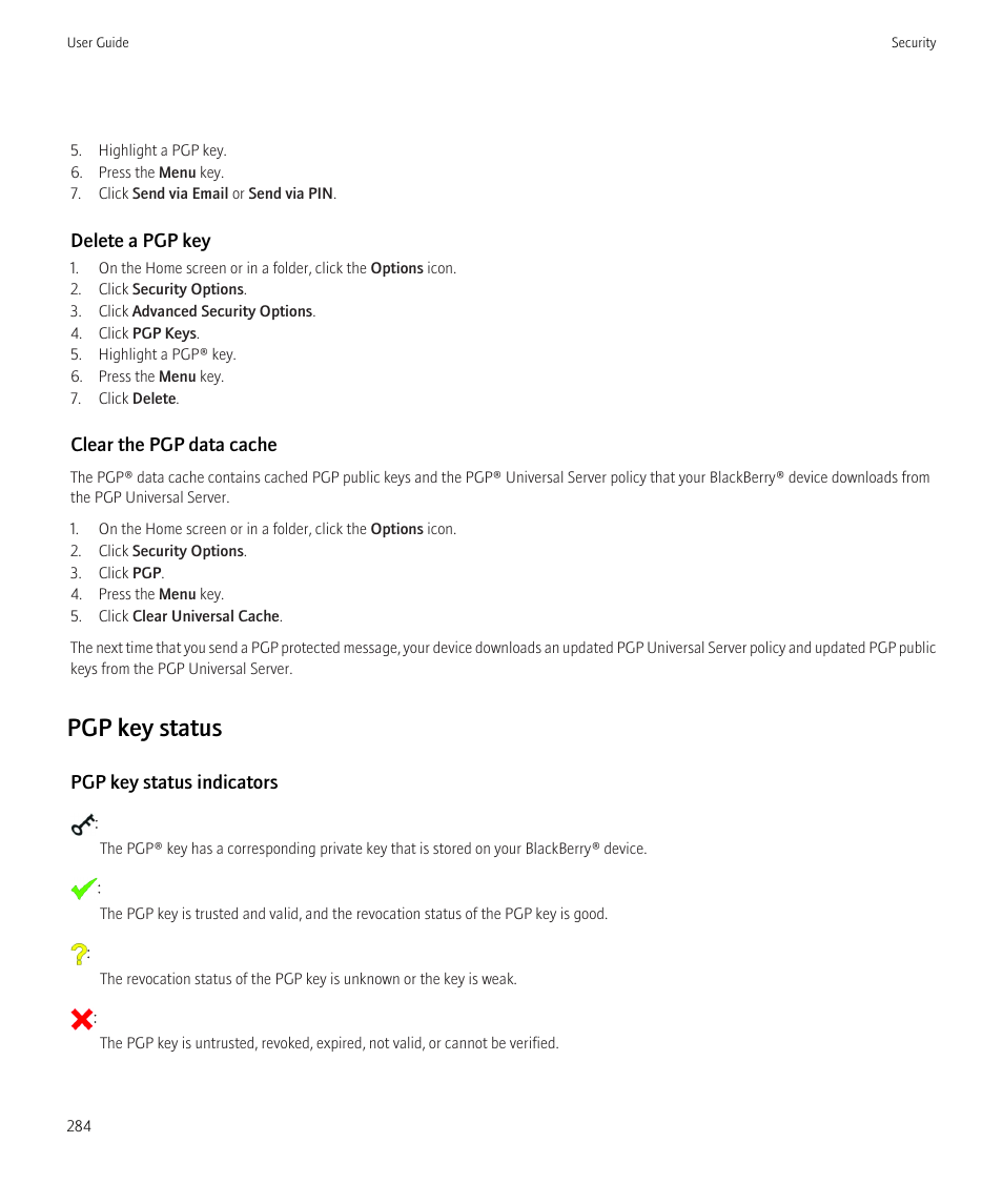 Pgp key status | Blackberry Bold 9700 User Manual | Page 286 / 332