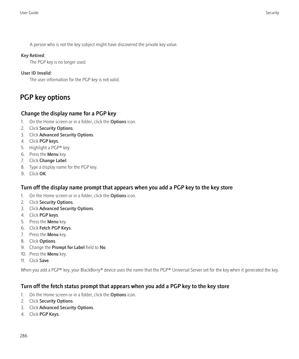 Pgp key options | Blackberry Bold 9700 User Manual | Page 288 / 332