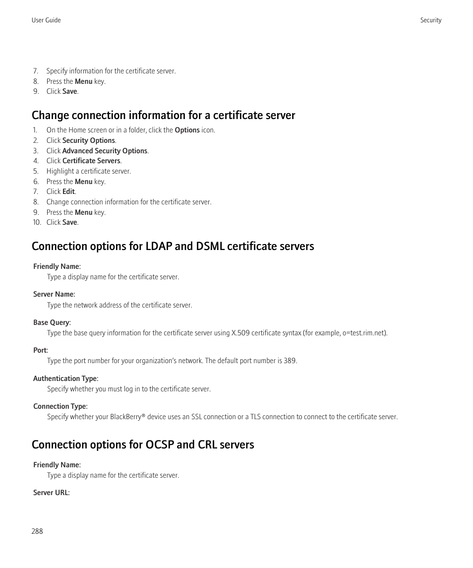 Connection options for ocsp and crl servers | Blackberry Bold 9700 User Manual | Page 290 / 332