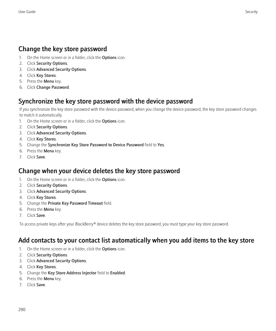 Change the key store password | Blackberry Bold 9700 User Manual | Page 292 / 332
