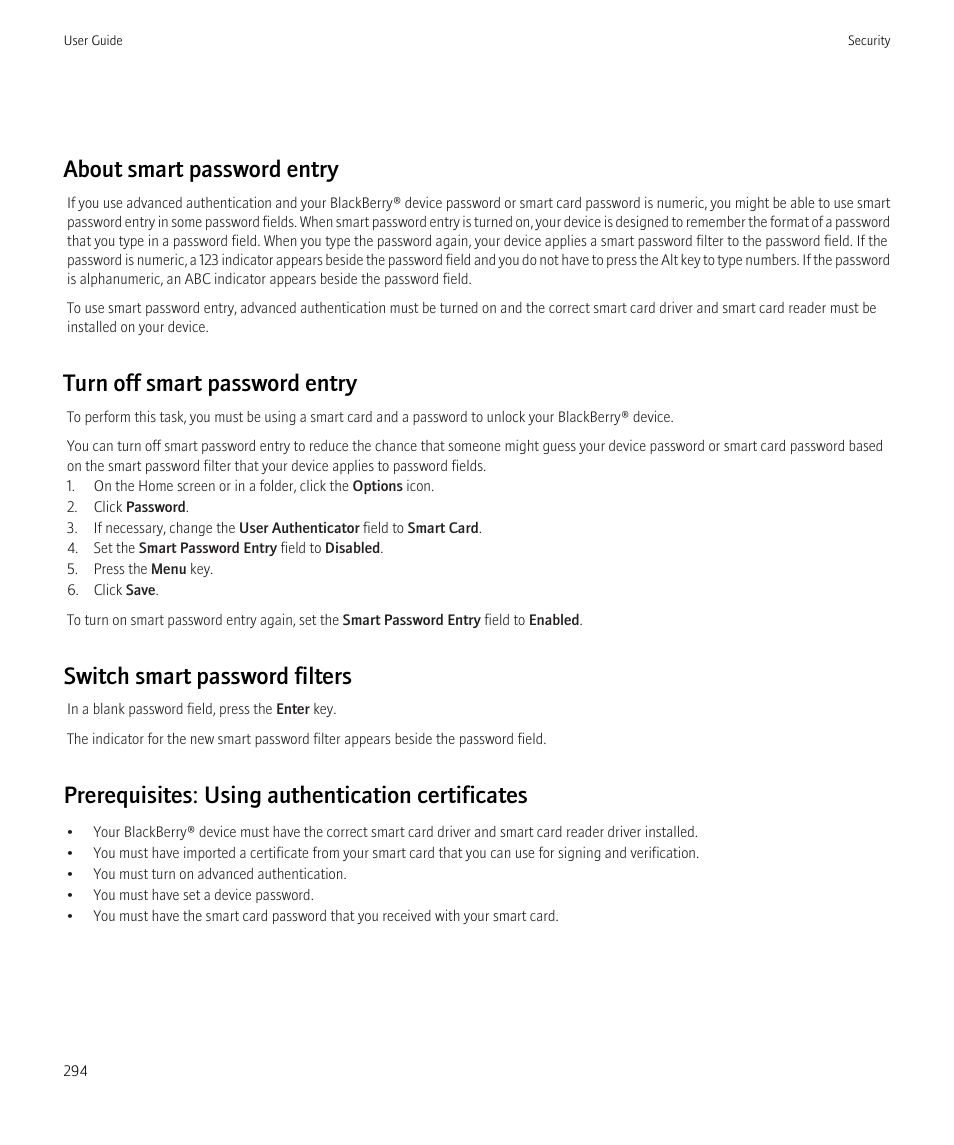 About smart password entry, Turn off smart password entry, Switch smart password filters | Prerequisites: using authentication certificates | Blackberry Bold 9700 User Manual | Page 296 / 332