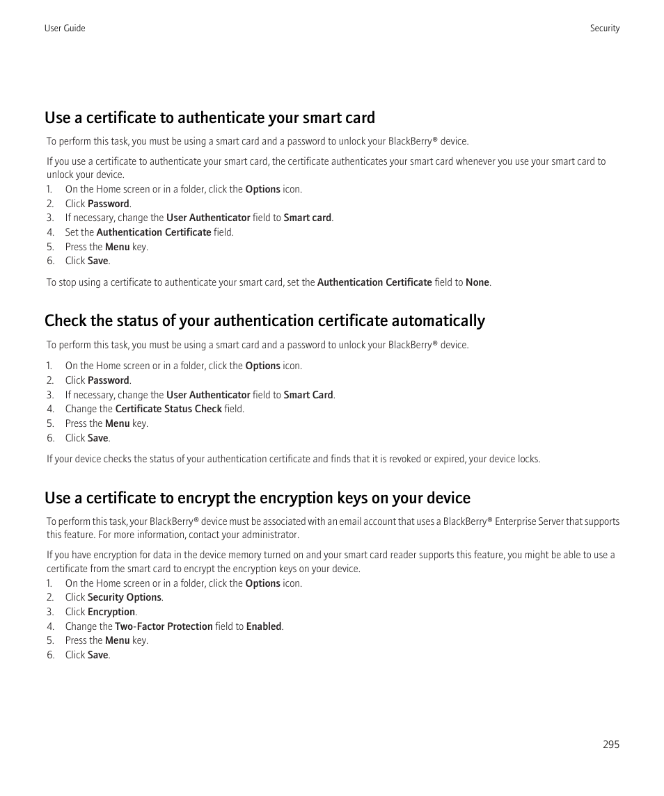 Use a certificate to authenticate your smart card | Blackberry Bold 9700 User Manual | Page 297 / 332