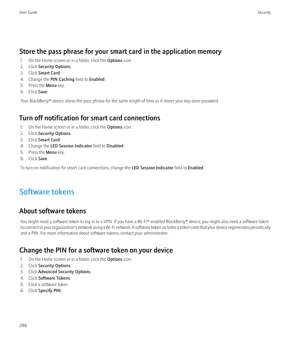 Software tokens, Turn off notification for smart card connections, About software tokens | Change the pin for a software token on your device | Blackberry Bold 9700 User Manual | Page 298 / 332