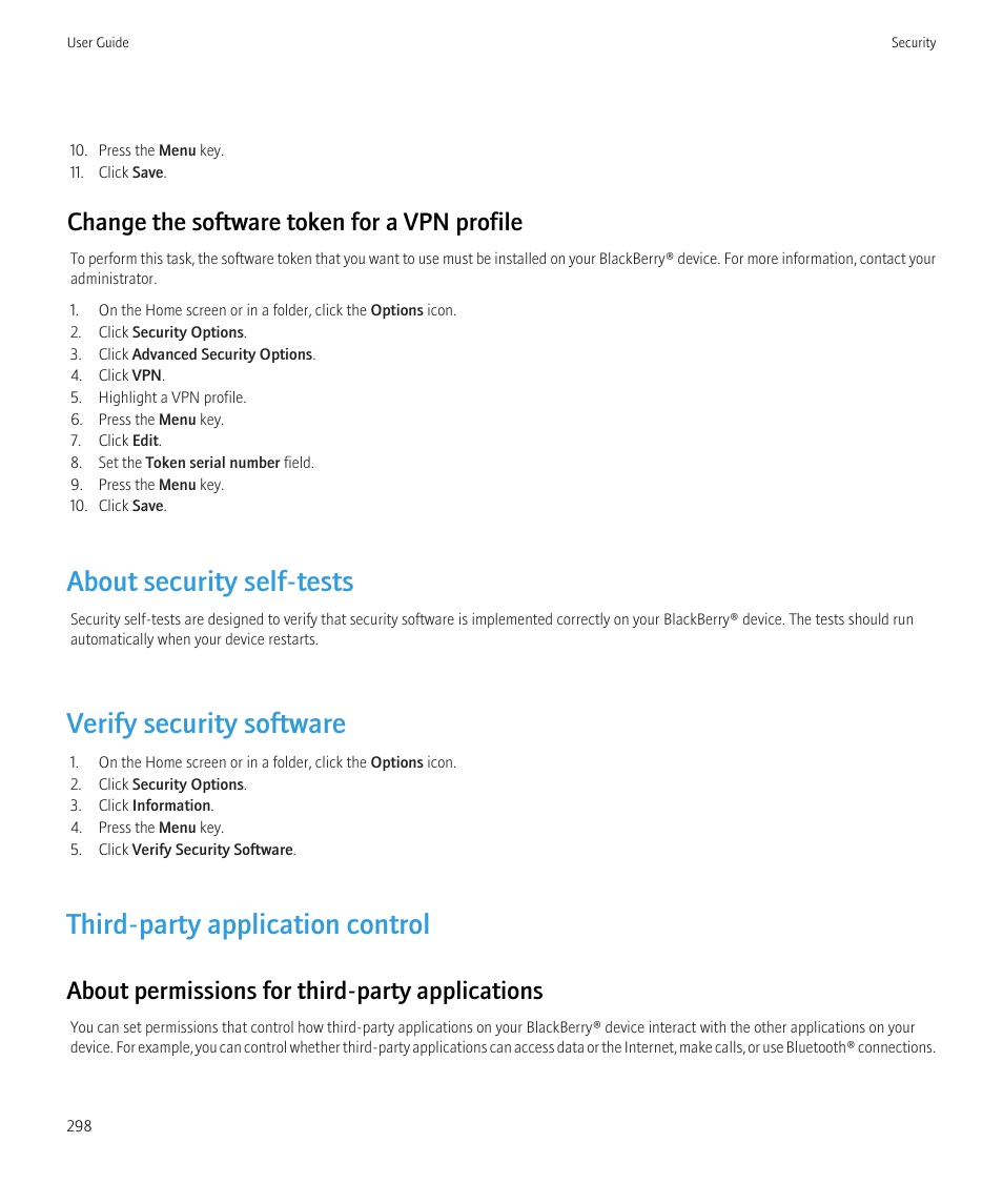 About security self-tests, Verify security software, Third-party application control | Change the software token for a vpn profile, About permissions for third-party applications | Blackberry Bold 9700 User Manual | Page 300 / 332