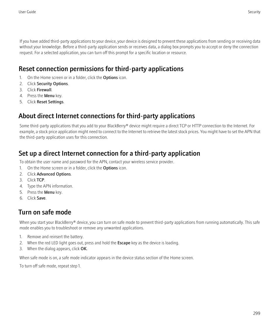 Turn on safe mode | Blackberry Bold 9700 User Manual | Page 301 / 332