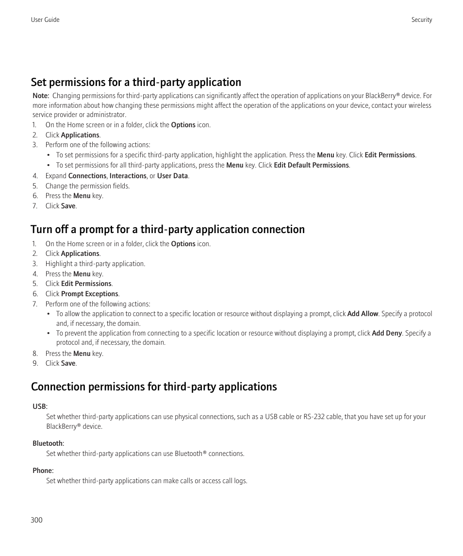 Set permissions for a third-party application | Blackberry Bold 9700 User Manual | Page 302 / 332