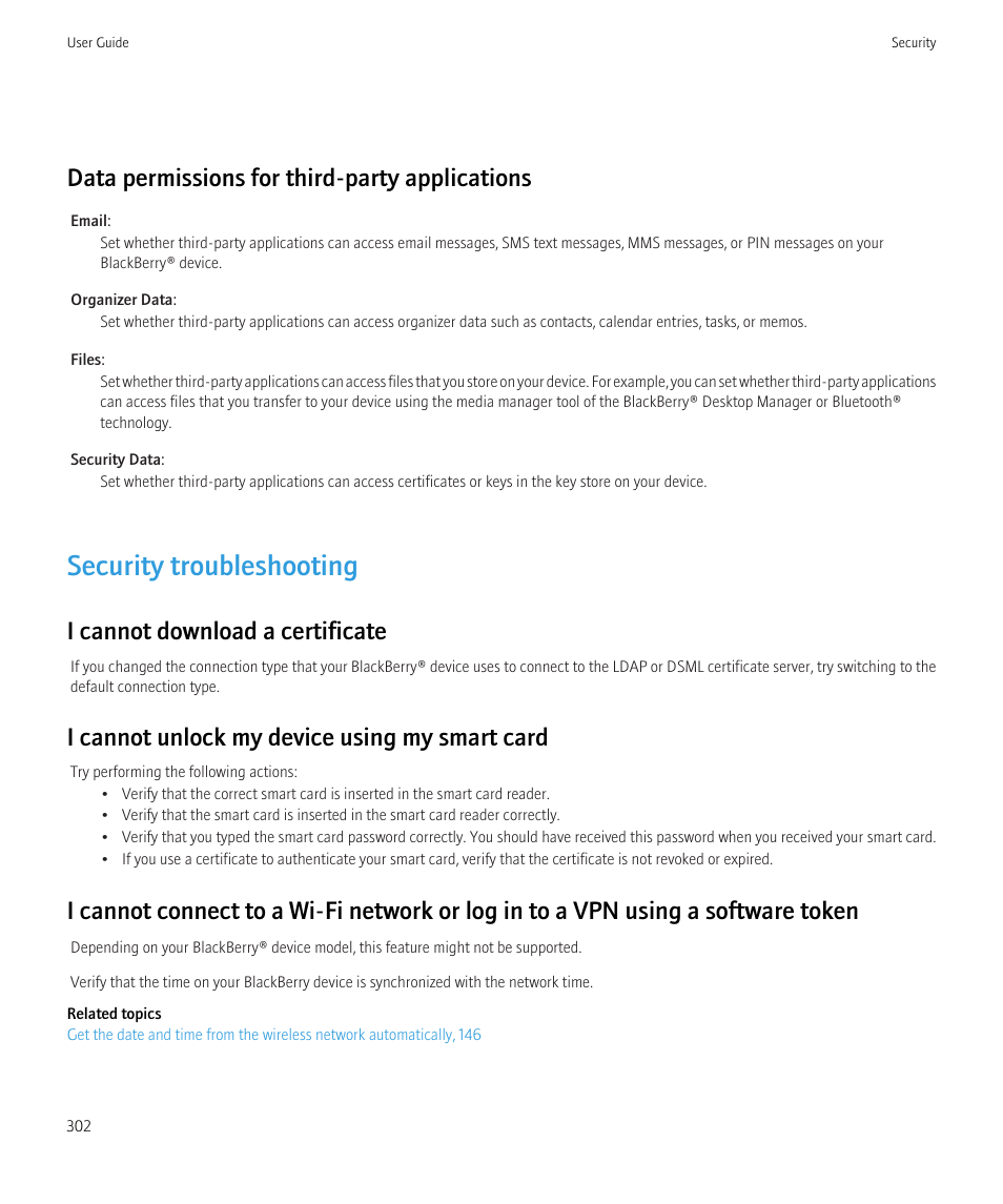 Security troubleshooting, Data permissions for third-party applications, I cannot download a certificate | I cannot unlock my device using my smart card | Blackberry Bold 9700 User Manual | Page 304 / 332