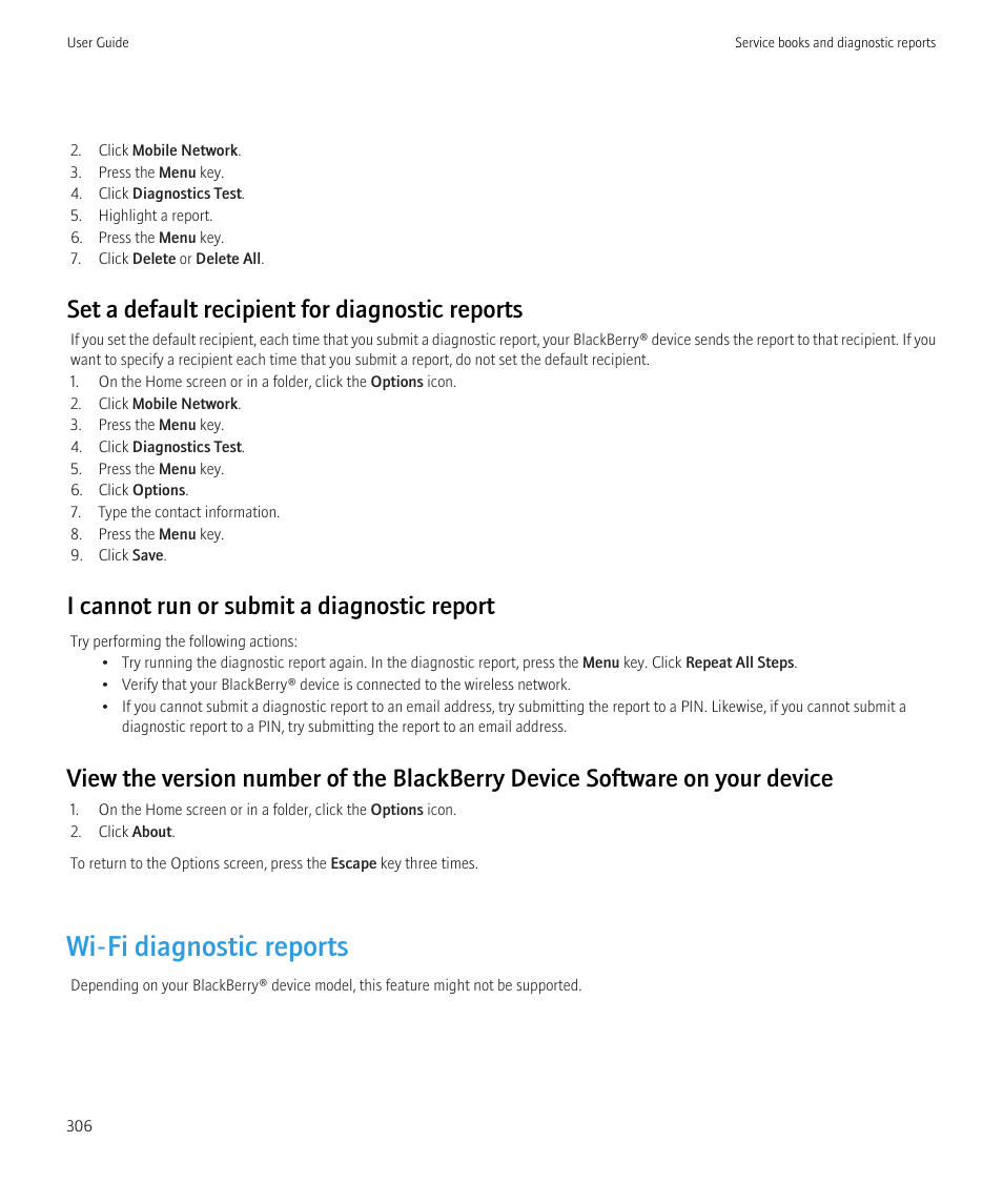 Wi-fi diagnostic reports, Set a default recipient for diagnostic reports, I cannot run or submit a diagnostic report | Blackberry Bold 9700 User Manual | Page 308 / 332