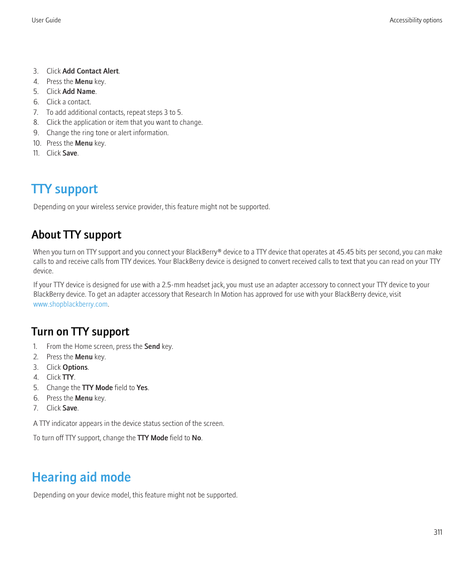 Tty support, Hearing aid mode, About tty support | Turn on tty support | Blackberry Bold 9700 User Manual | Page 313 / 332