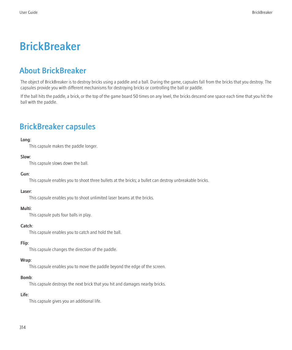 Brickbreaker, About brickbreaker, Brickbreaker capsules | Blackberry Bold 9700 User Manual | Page 316 / 332