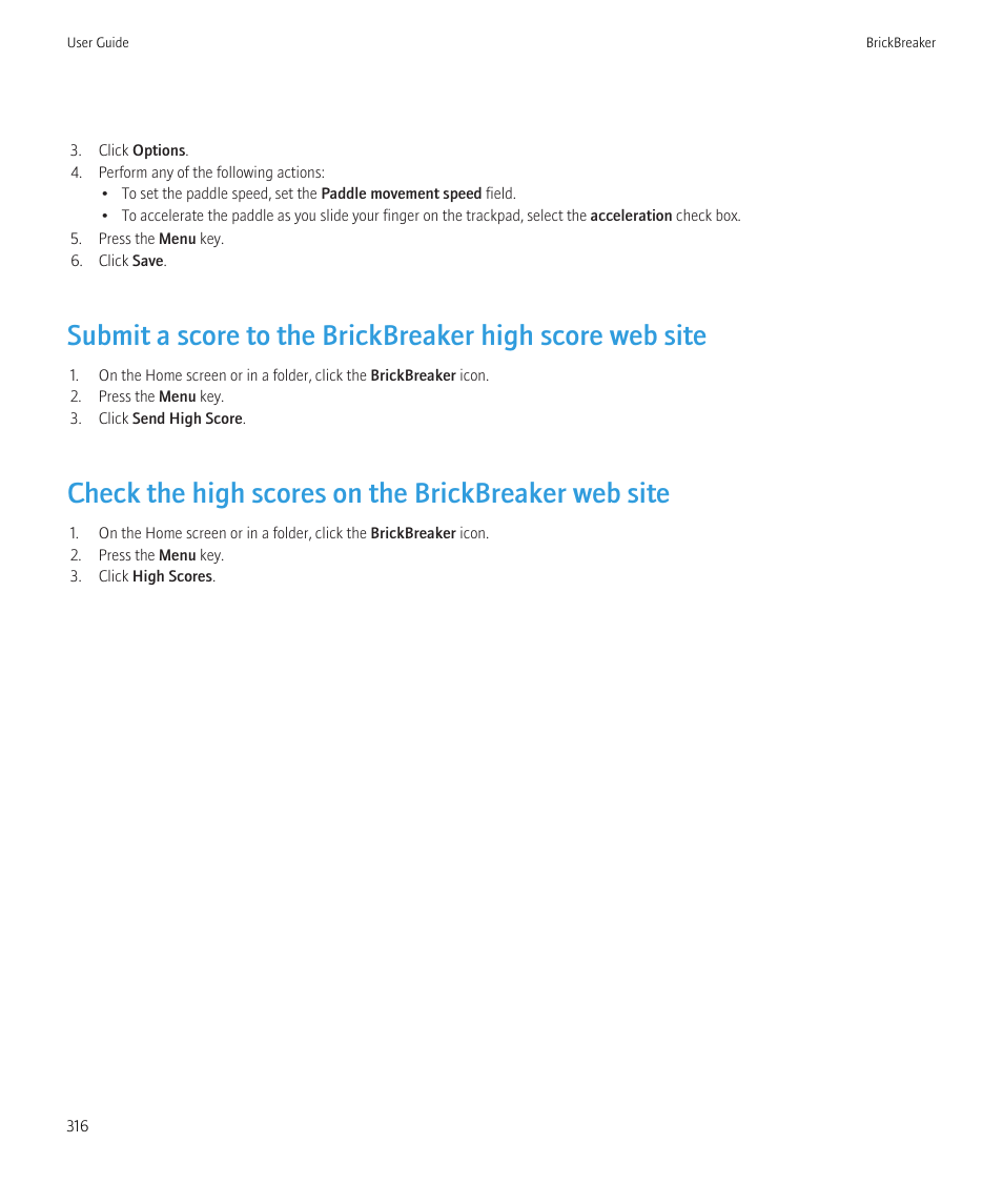 Check the high scores on the brickbreaker web site | Blackberry Bold 9700 User Manual | Page 318 / 332