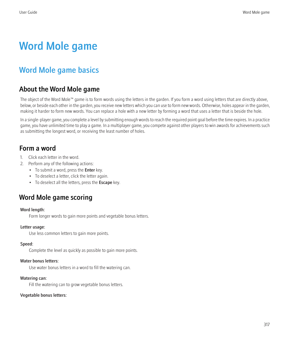 Word mole game, Word mole game basics, About the word mole game | Form a word, Word mole game scoring | Blackberry Bold 9700 User Manual | Page 319 / 332