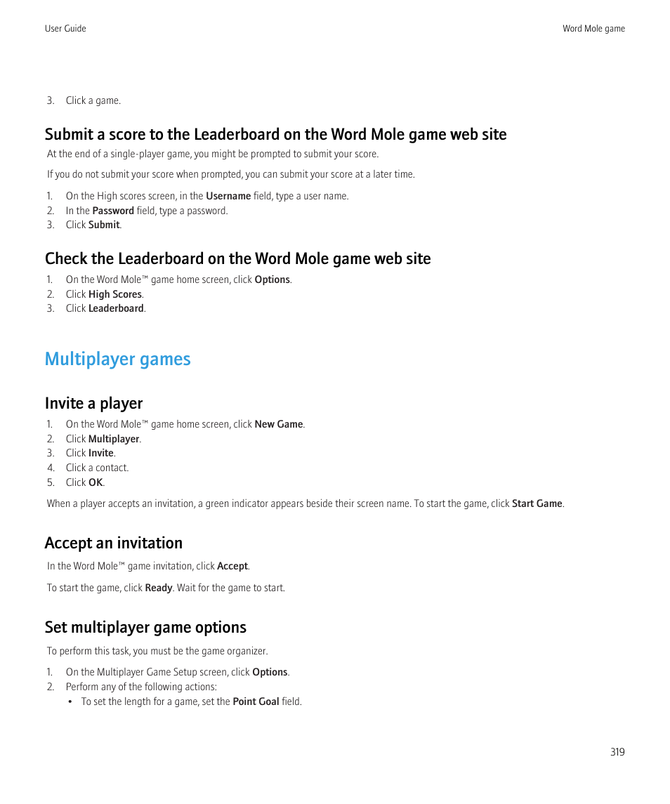 Multiplayer games, Invite a player, Accept an invitation | Set multiplayer game options | Blackberry Bold 9700 User Manual | Page 321 / 332