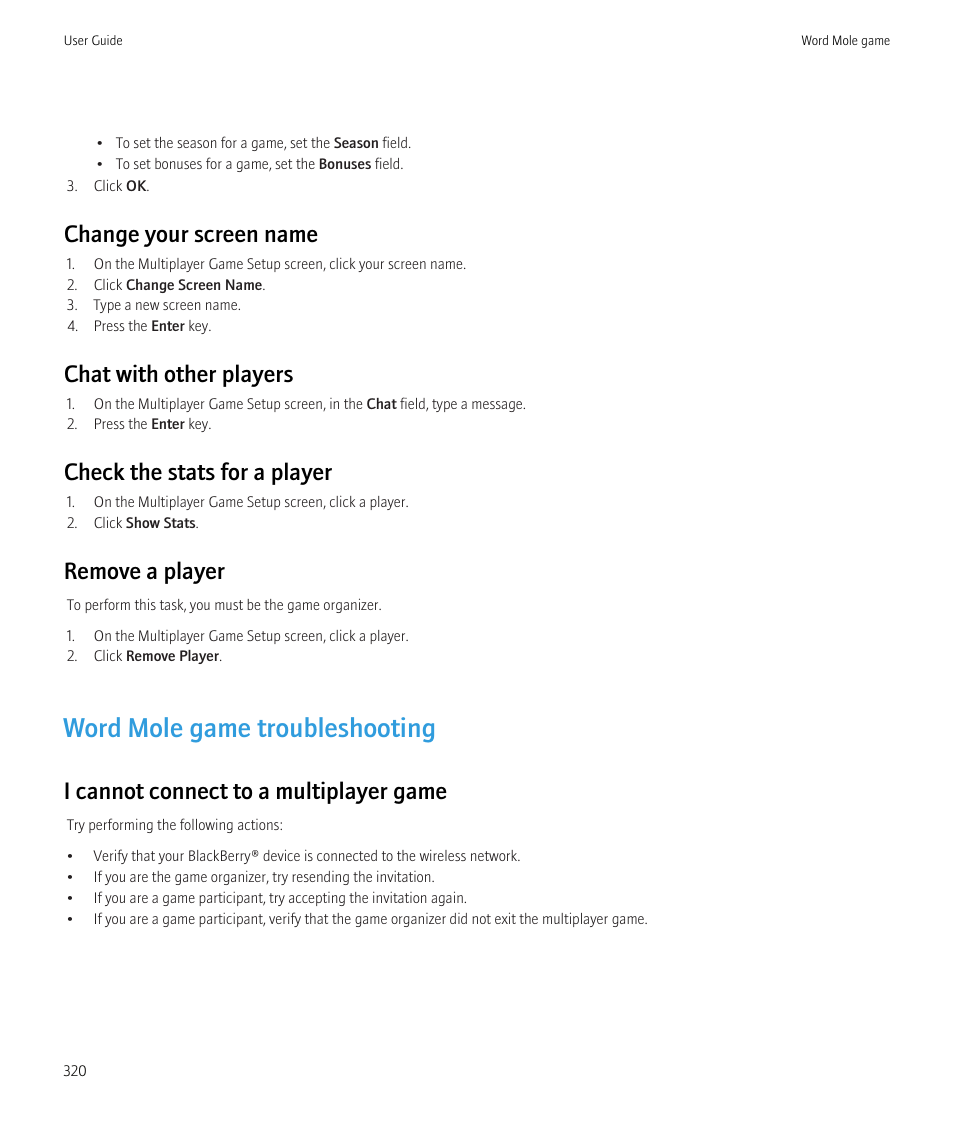 Word mole game troubleshooting, Change your screen name, Chat with other players | Check the stats for a player, Remove a player, I cannot connect to a multiplayer game | Blackberry Bold 9700 User Manual | Page 322 / 332