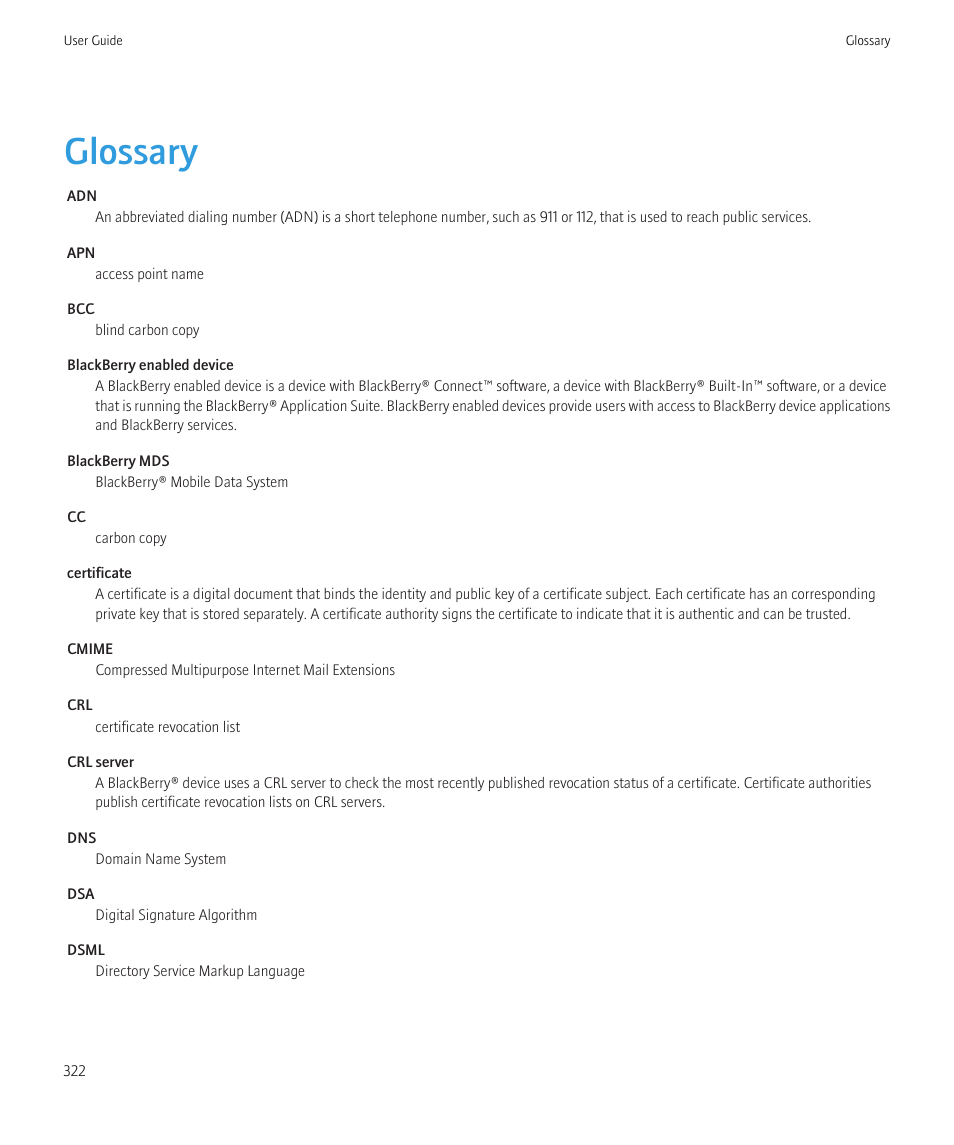 Glossary | Blackberry Bold 9700 User Manual | Page 324 / 332