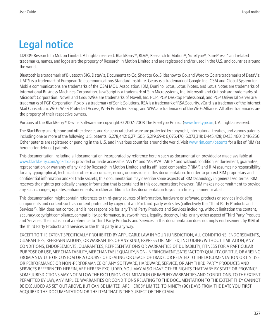 Legal notice | Blackberry Bold 9700 User Manual | Page 329 / 332