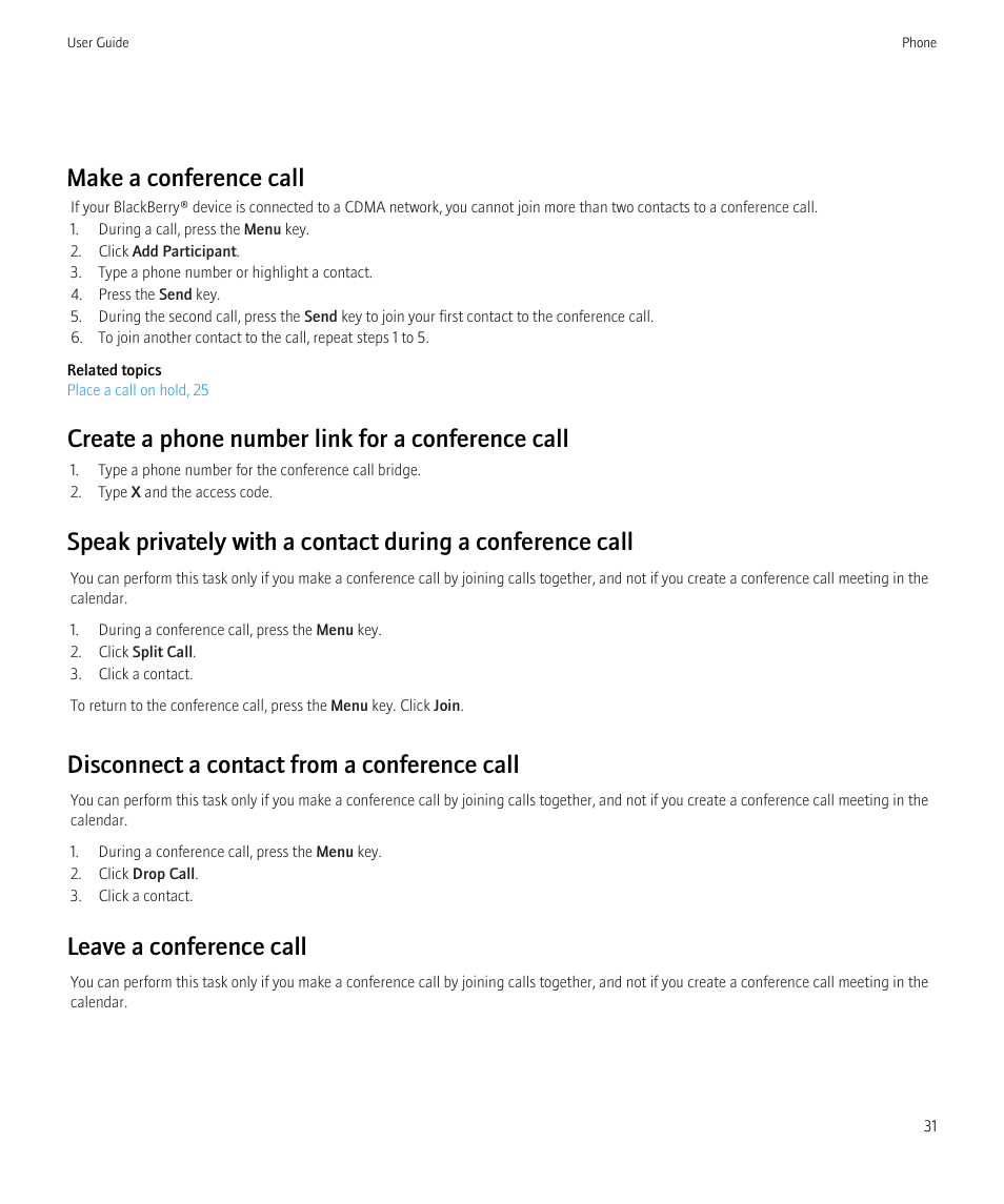 Make a conference call, Create a phone number link for a conference call, Disconnect a contact from a conference call | Leave a conference call | Blackberry Bold 9700 User Manual | Page 33 / 332
