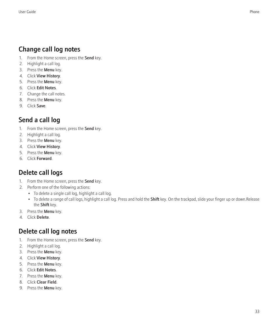 Send a call log, Delete call logs | Blackberry Bold 9700 User Manual | Page 35 / 332