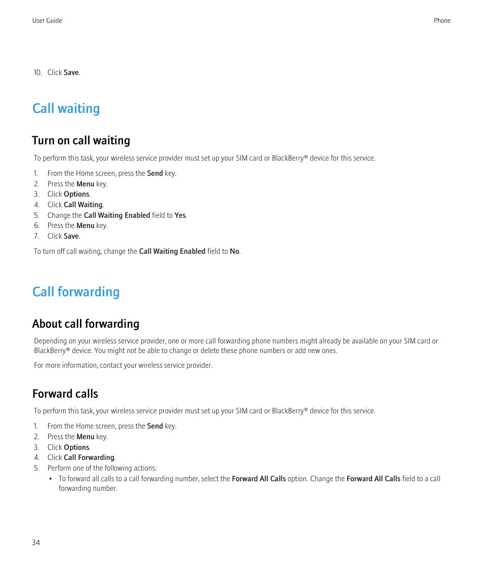 Call waiting, Call forwarding, Call forwarding, 34 | Turn on call waiting, About call forwarding, Forward calls | Blackberry Bold 9700 User Manual | Page 36 / 332