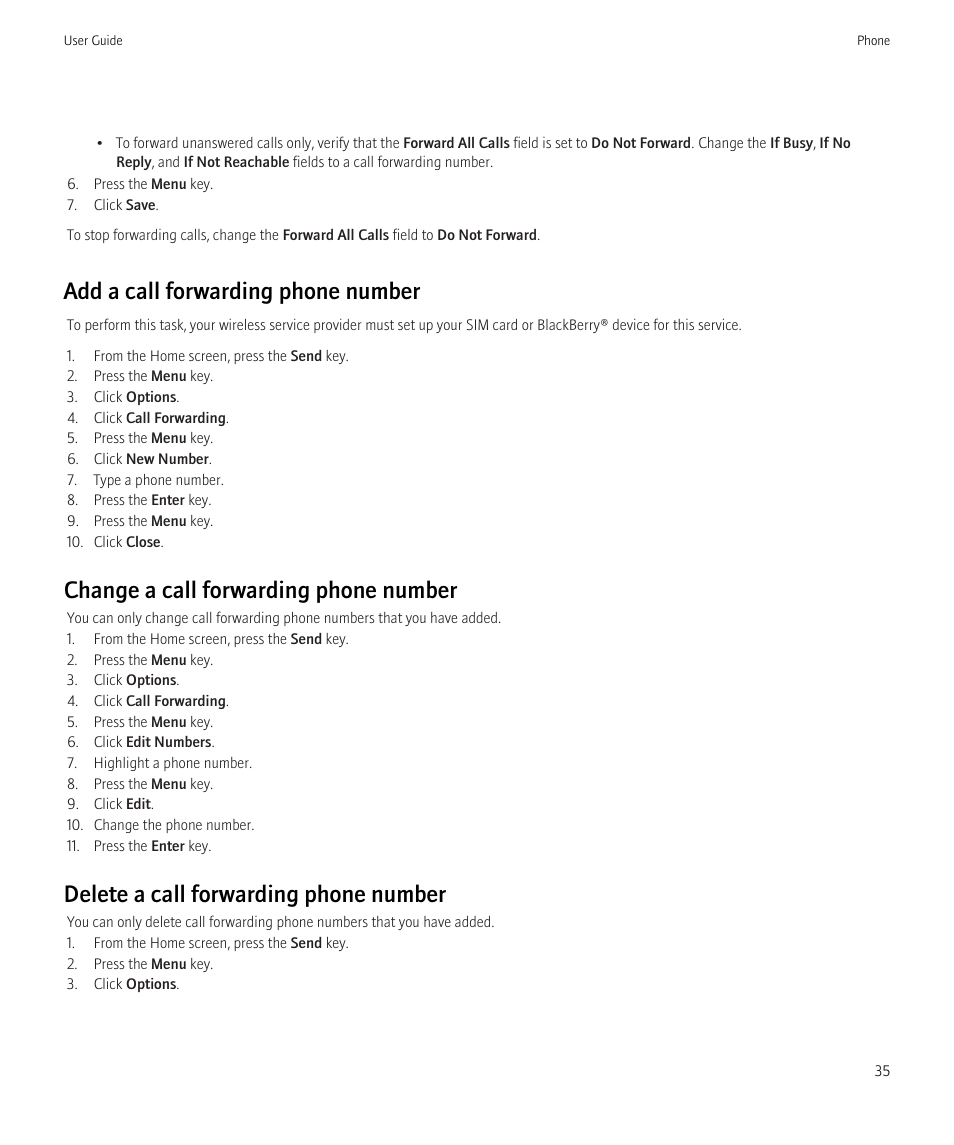 Add a call forwarding phone number, Change a call forwarding phone number, Delete a call forwarding phone number | Blackberry Bold 9700 User Manual | Page 37 / 332