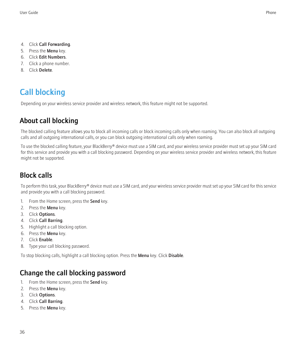 Call blocking, Call blocking, 36, About call blocking | Block calls, Change the call blocking password | Blackberry Bold 9700 User Manual | Page 38 / 332
