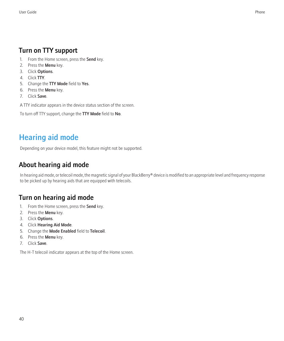Hearing aid mode, Turn on tty support, About hearing aid mode | Turn on hearing aid mode | Blackberry Bold 9700 User Manual | Page 42 / 332