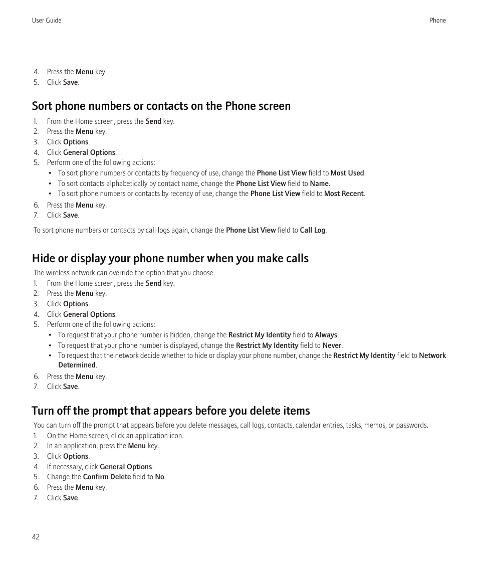 Sort phone numbers or contacts on the phone screen | Blackberry Bold 9700 User Manual | Page 44 / 332