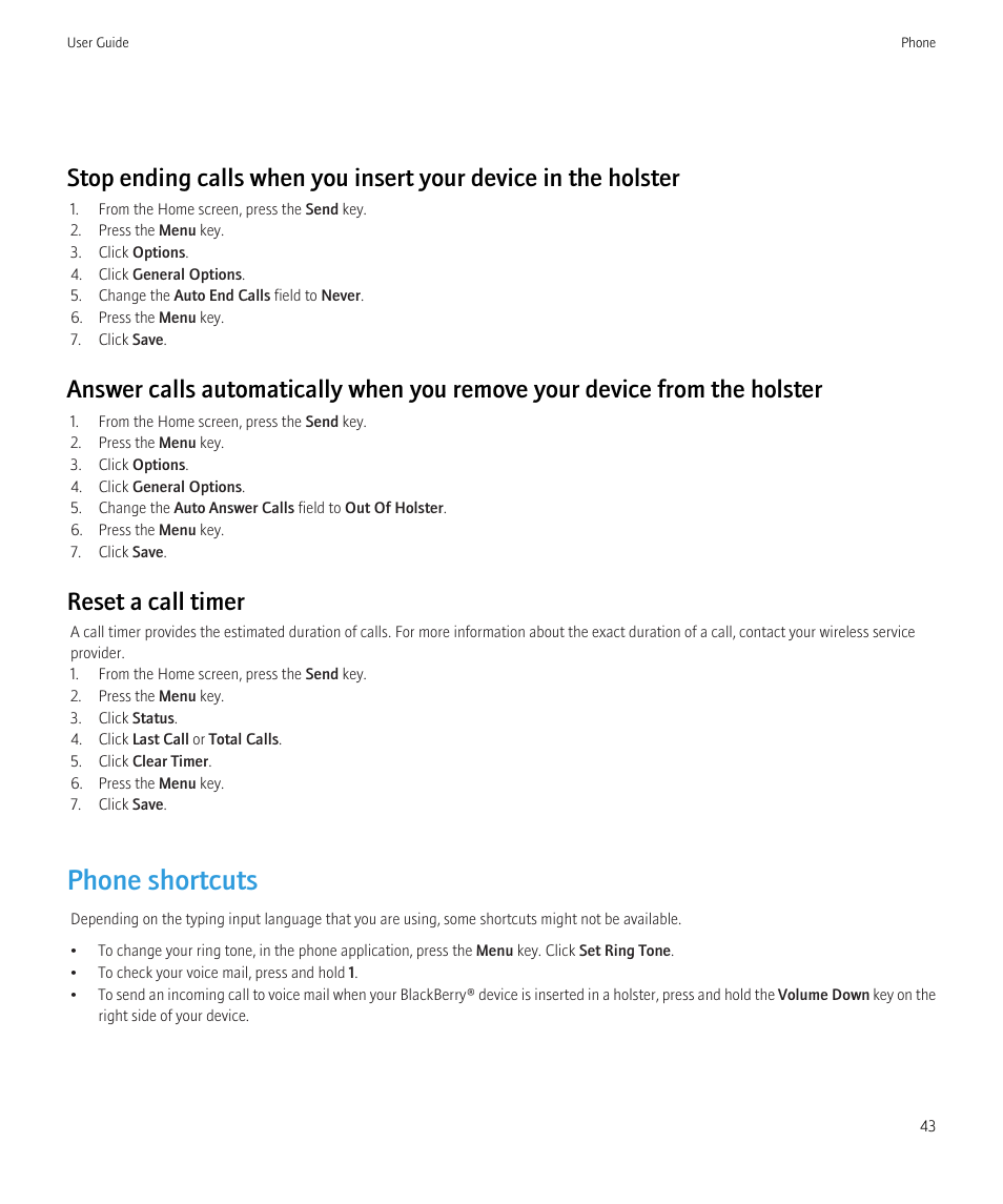 Phone shortcuts, Reset a call timer | Blackberry Bold 9700 User Manual | Page 45 / 332
