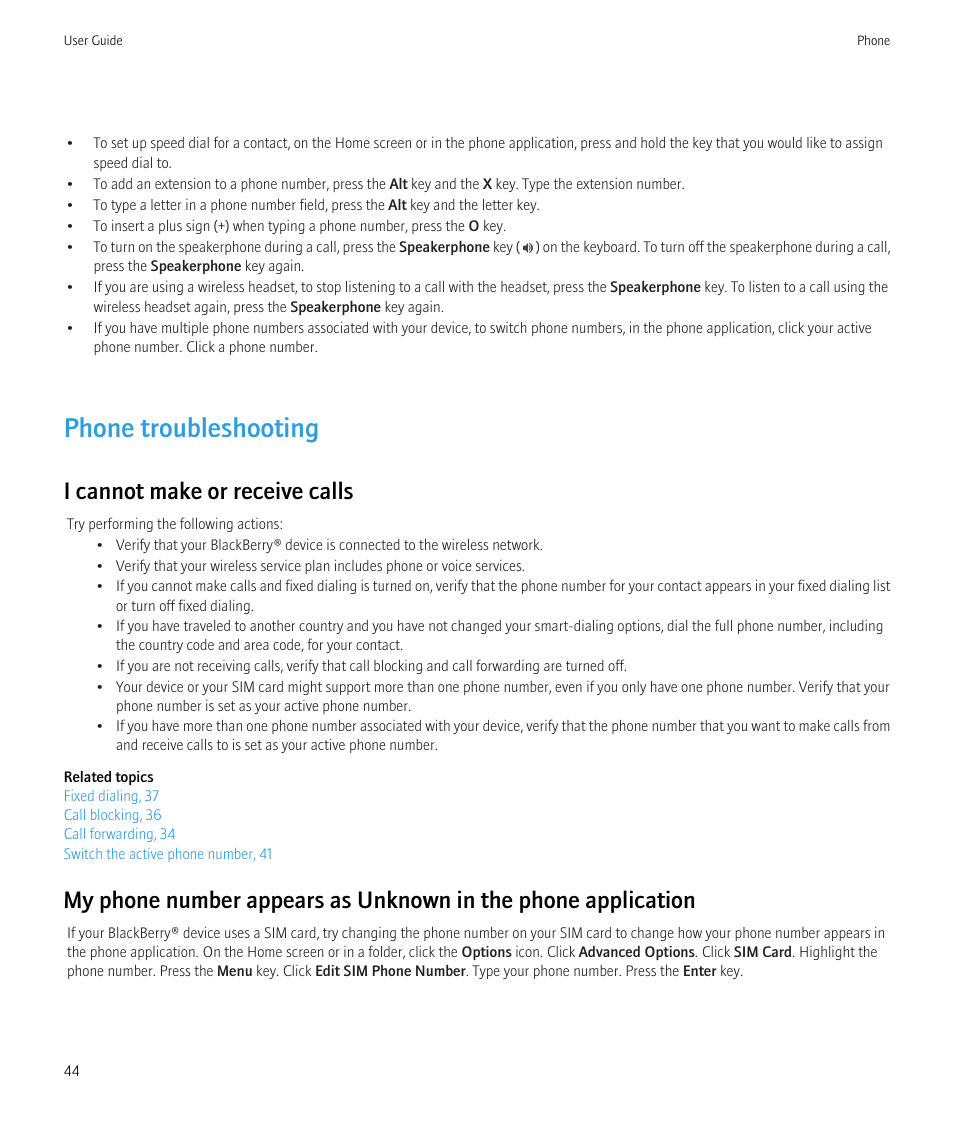 Phone troubleshooting, I cannot make or receive calls | Blackberry Bold 9700 User Manual | Page 46 / 332
