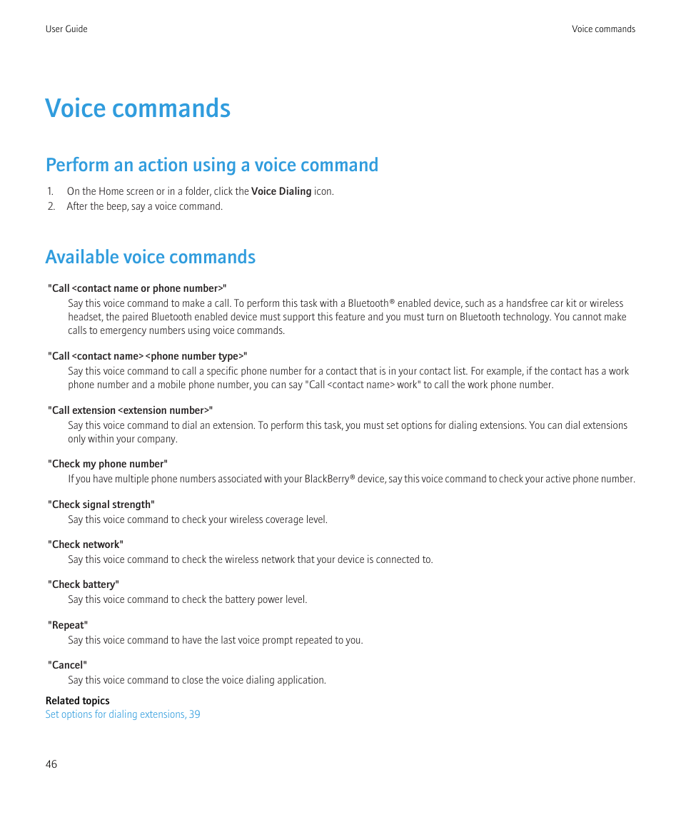 Voice commands, Perform an action using a voice command, Available voice commands | Available voice commands, 46 | Blackberry Bold 9700 User Manual | Page 48 / 332