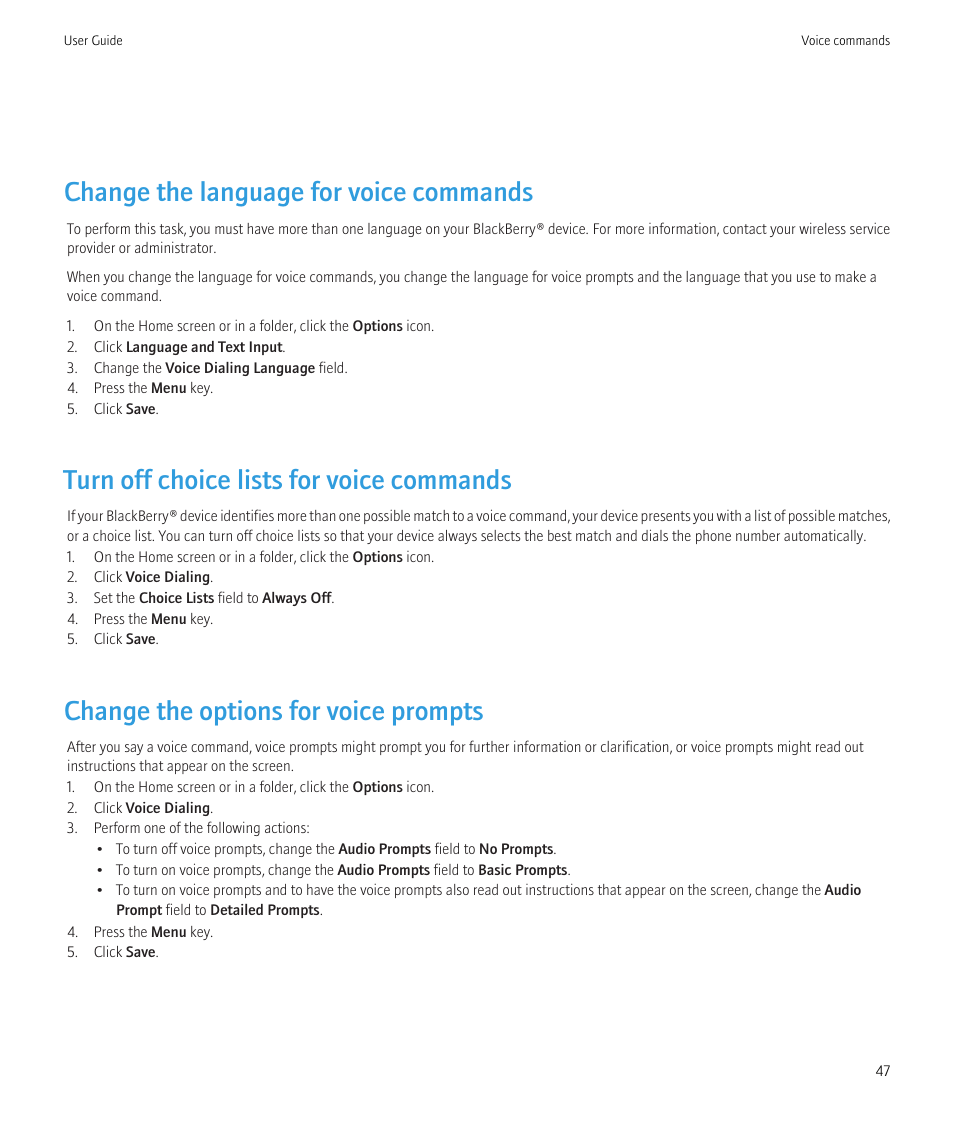 Change the language for voice commands, Turn off choice lists for voice commands, Change the options for voice prompts | Blackberry Bold 9700 User Manual | Page 49 / 332