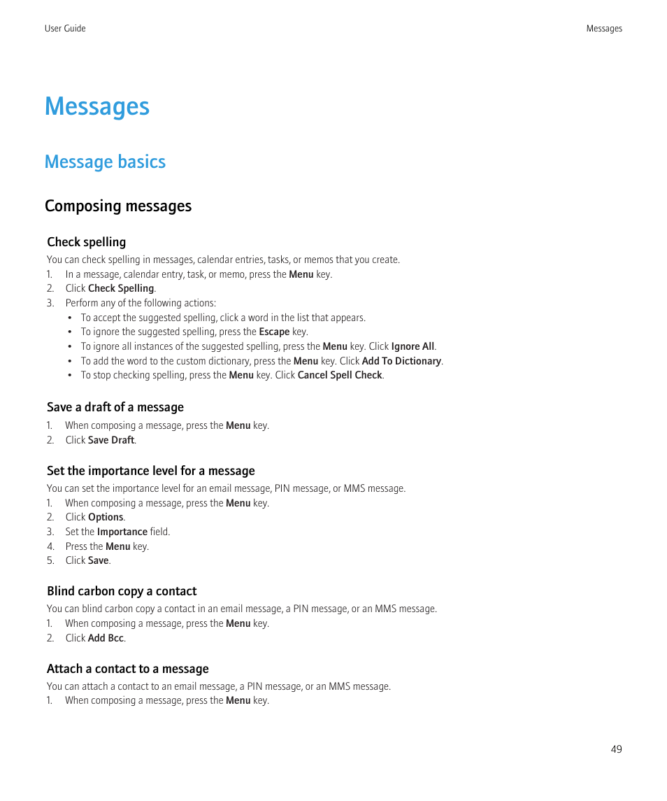 Messages, Message basics, Composing messages | Blackberry Bold 9700 User Manual | Page 51 / 332