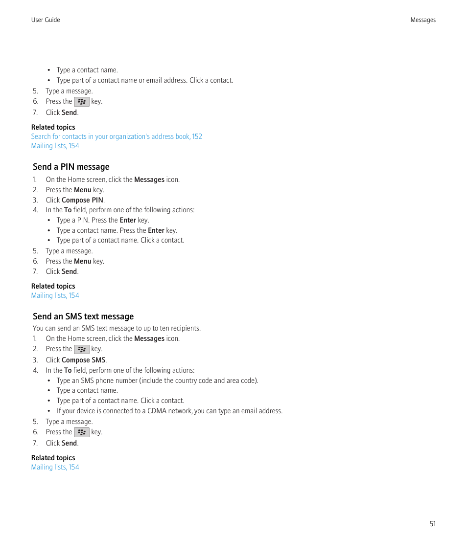 Send a pin message, Send an sms text message | Blackberry Bold 9700 User Manual | Page 53 / 332