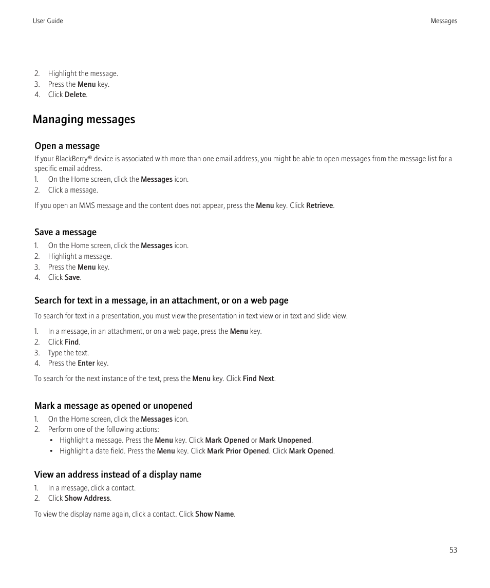 Managing messages | Blackberry Bold 9700 User Manual | Page 55 / 332