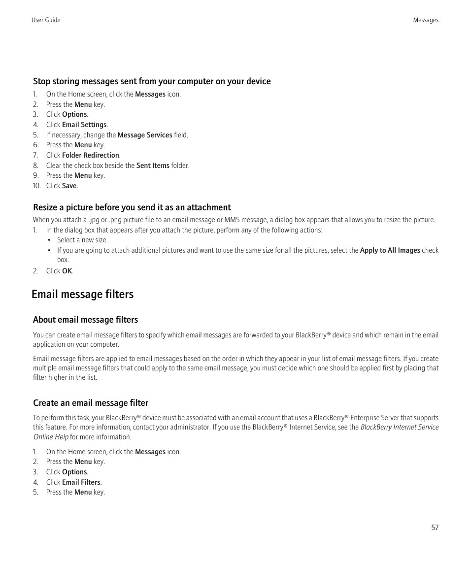 Email message filters | Blackberry Bold 9700 User Manual | Page 59 / 332