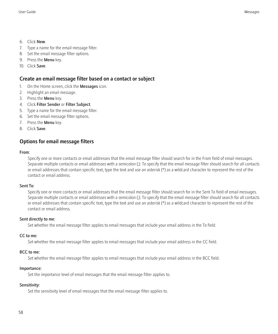 Options for email message filters | Blackberry Bold 9700 User Manual | Page 60 / 332