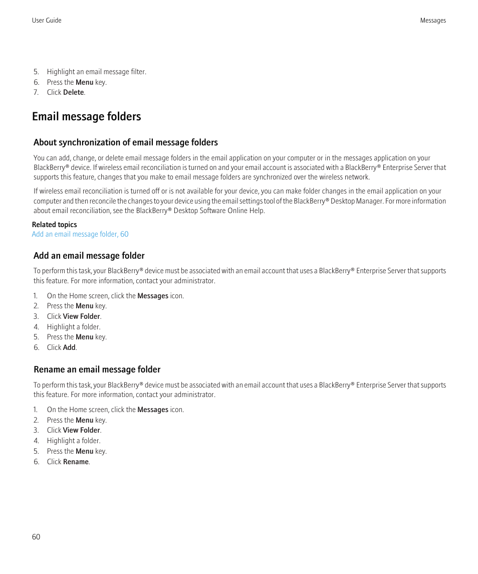 Email message folders | Blackberry Bold 9700 User Manual | Page 62 / 332