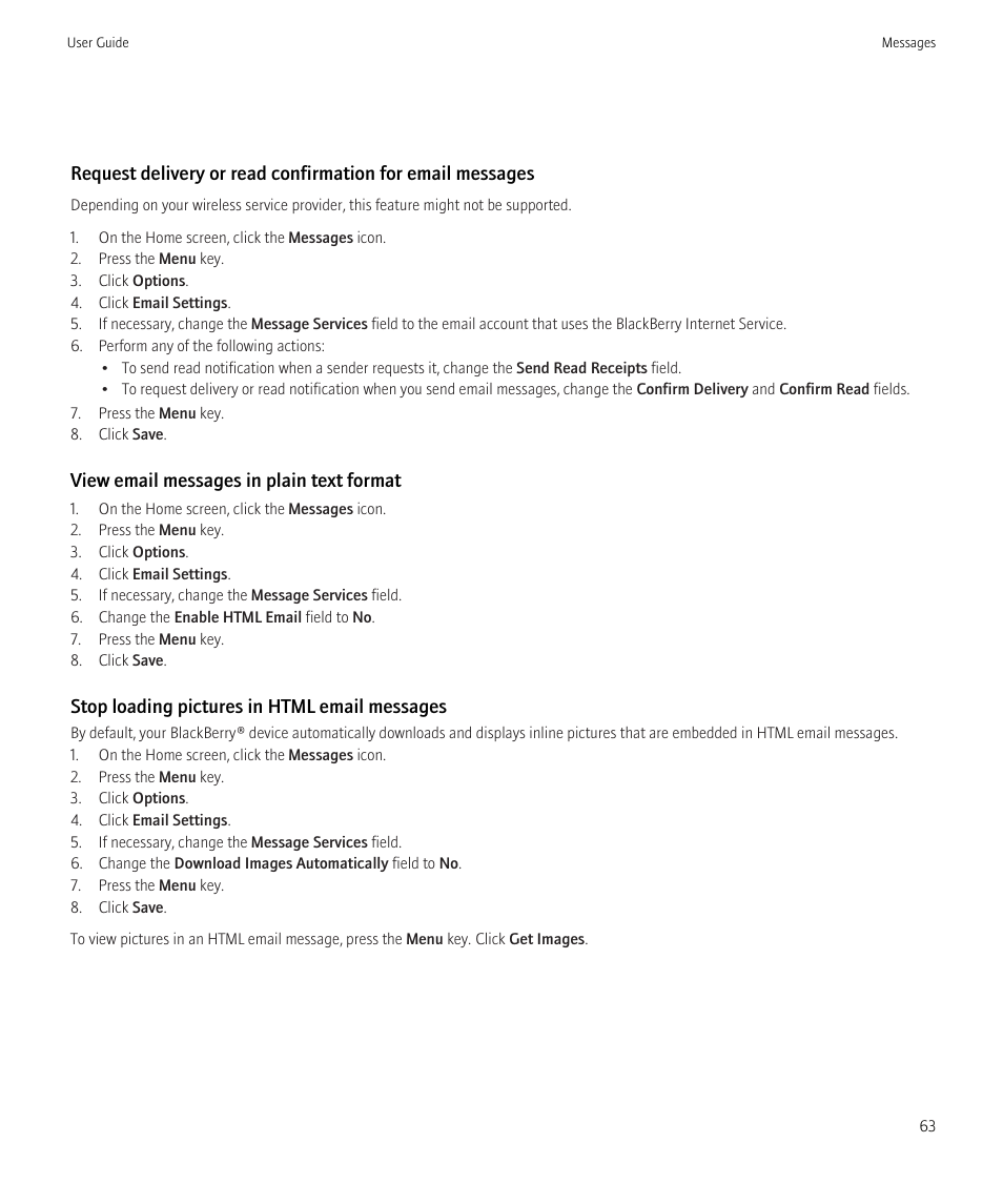 View email messages in plain text format, Stop loading pictures in html email messages | Blackberry Bold 9700 User Manual | Page 65 / 332