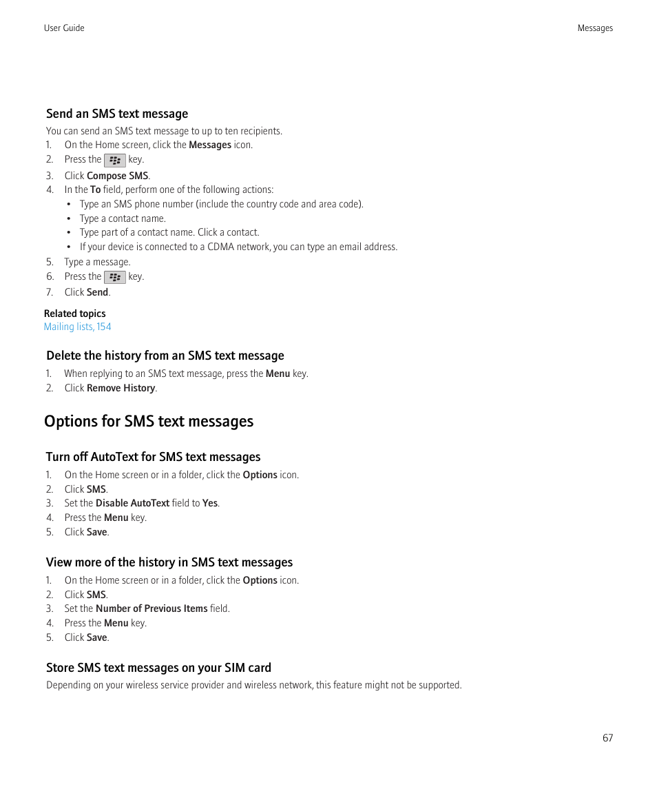 Options for sms text messages | Blackberry Bold 9700 User Manual | Page 69 / 332