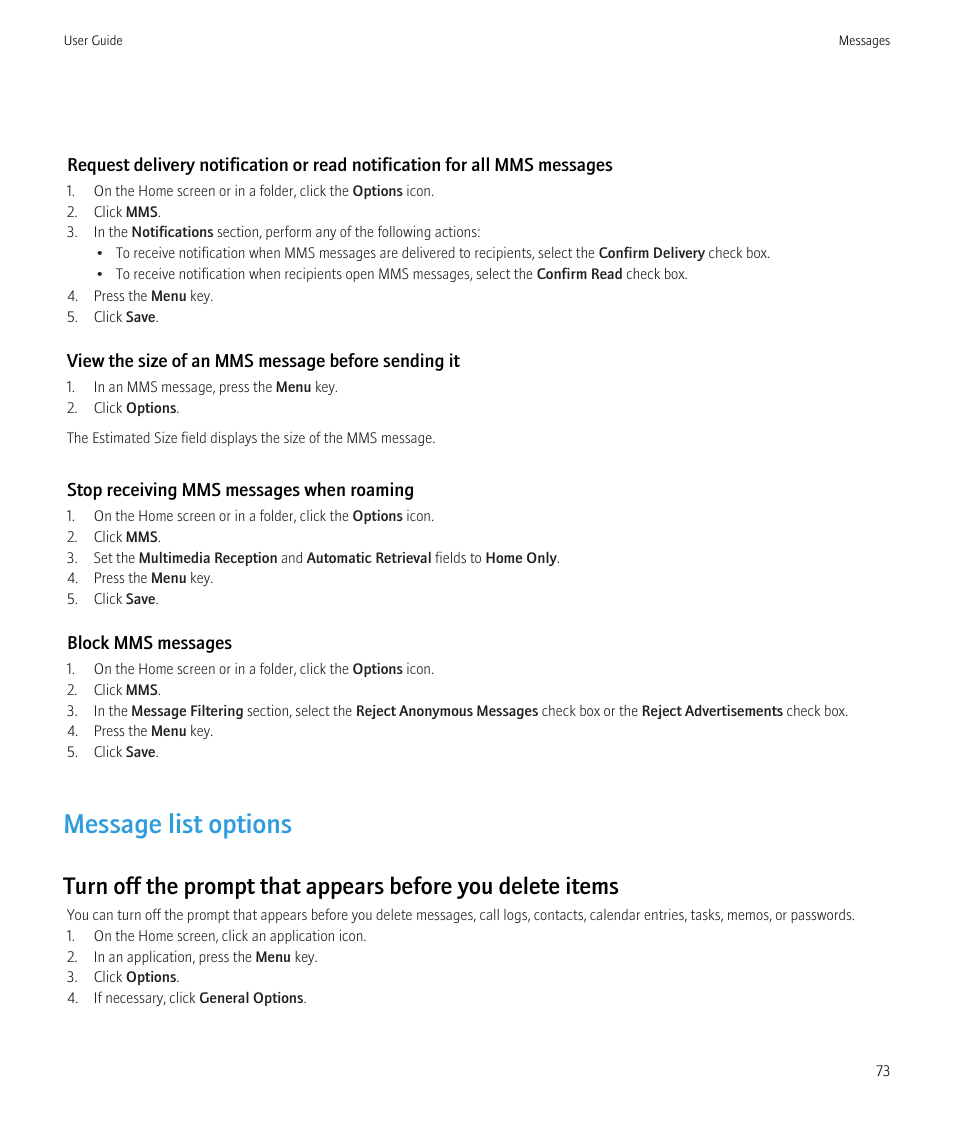 Message list options | Blackberry Bold 9700 User Manual | Page 75 / 332