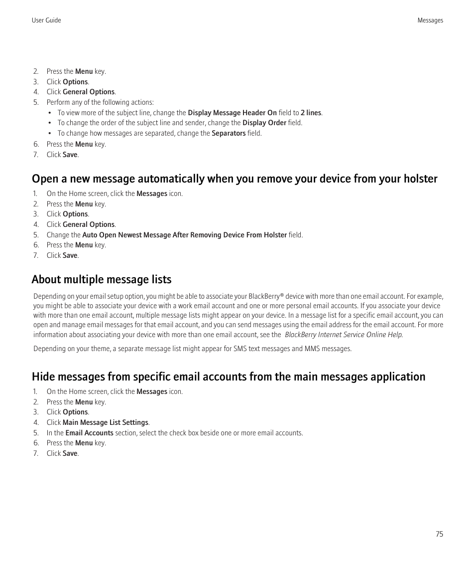 About multiple message lists | Blackberry Bold 9700 User Manual | Page 77 / 332