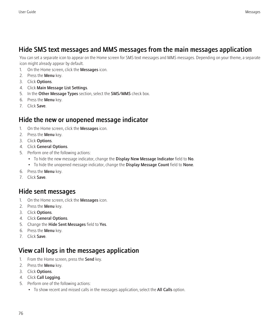 Hide the new or unopened message indicator, Hide sent messages, View call logs in the messages application | Blackberry Bold 9700 User Manual | Page 78 / 332