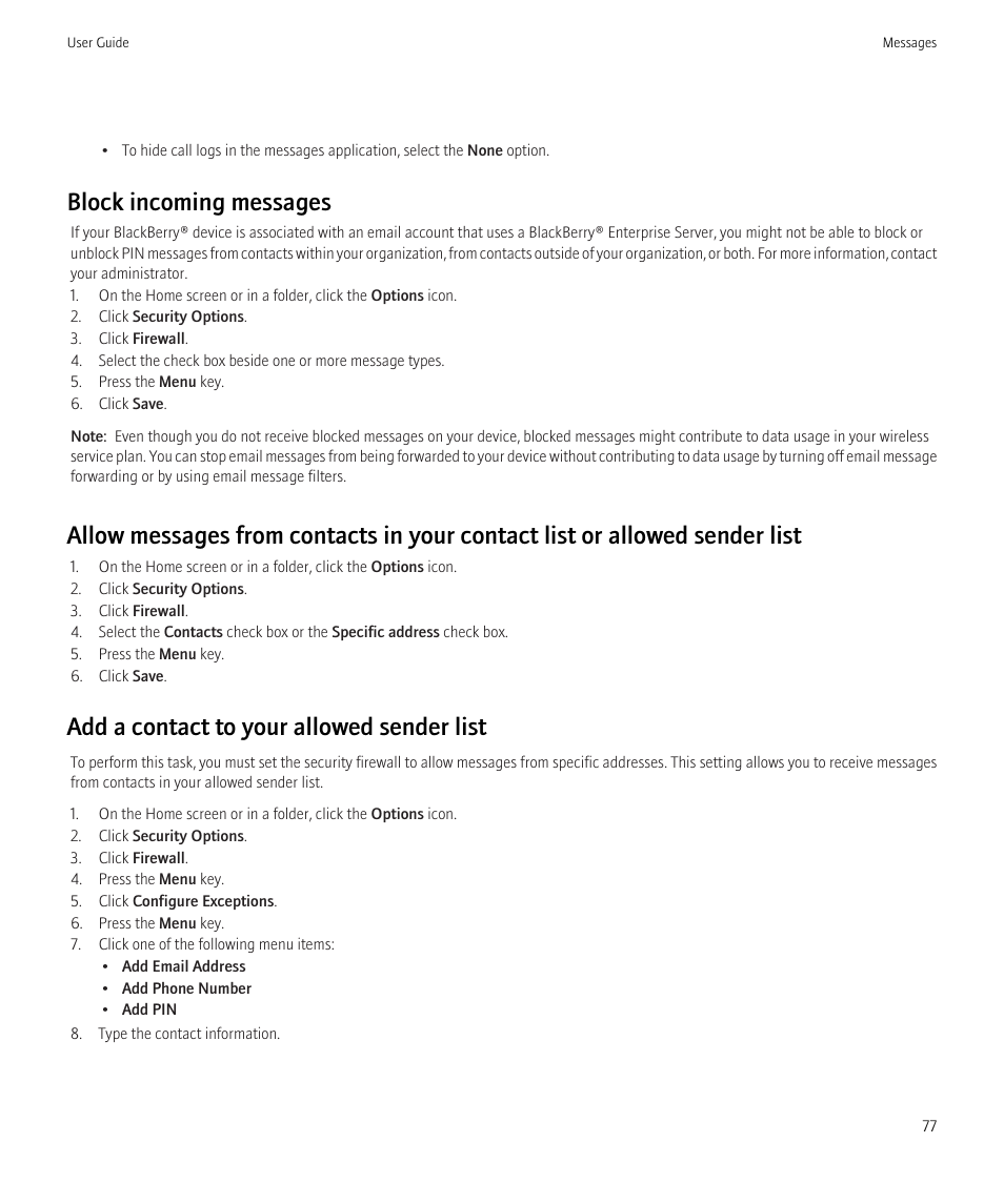 Block incoming messages, Add a contact to your allowed sender list | Blackberry Bold 9700 User Manual | Page 79 / 332