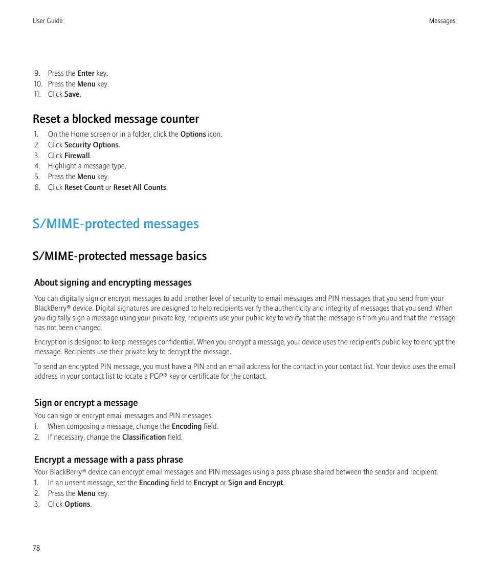 S/mime-protected messages, Reset a blocked message counter, S/mime-protected message basics | Blackberry Bold 9700 User Manual | Page 80 / 332