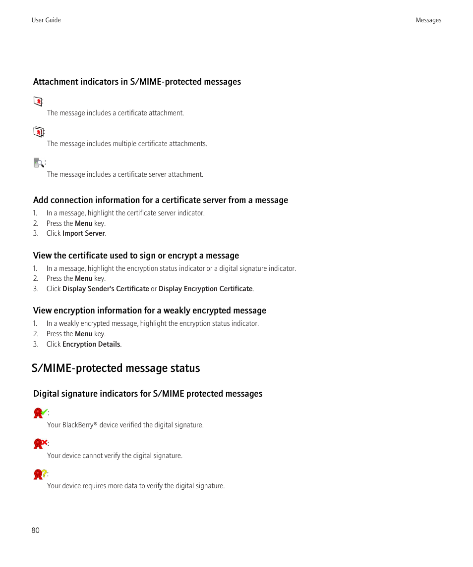 S/mime-protected message status | Blackberry Bold 9700 User Manual | Page 82 / 332