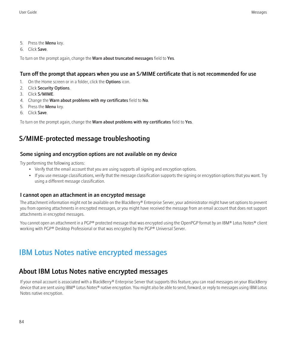 Ibm lotus notes native encrypted messages, S/mime-protected message troubleshooting | Blackberry Bold 9700 User Manual | Page 86 / 332