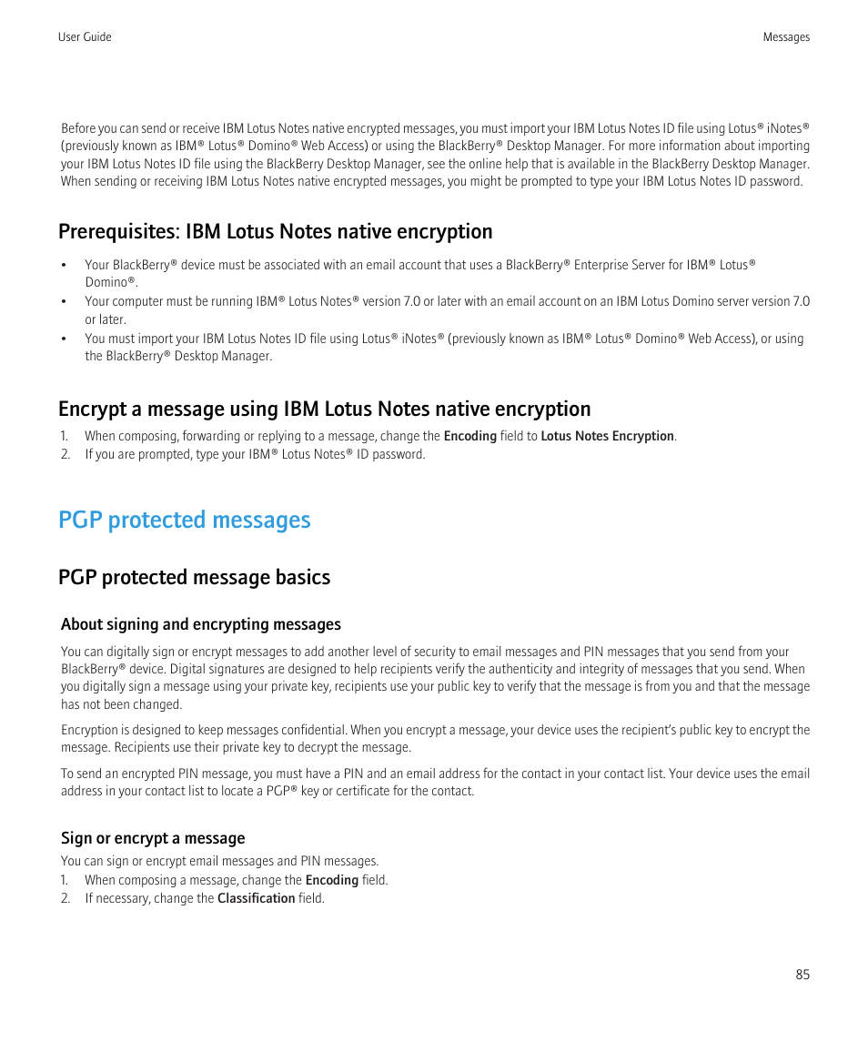 Pgp protected messages, Pgp protected message basics | Blackberry Bold 9700 User Manual | Page 87 / 332