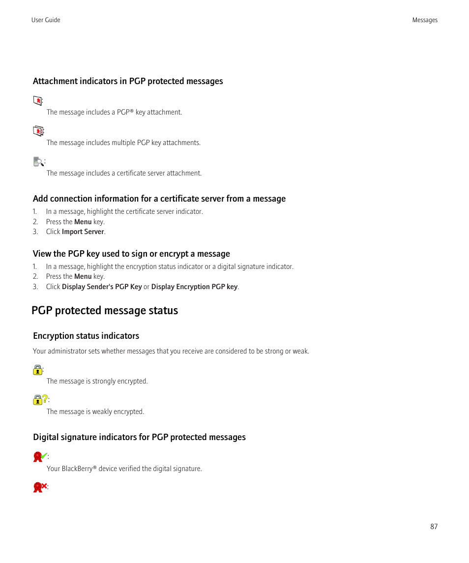 Pgp protected message status | Blackberry Bold 9700 User Manual | Page 89 / 332