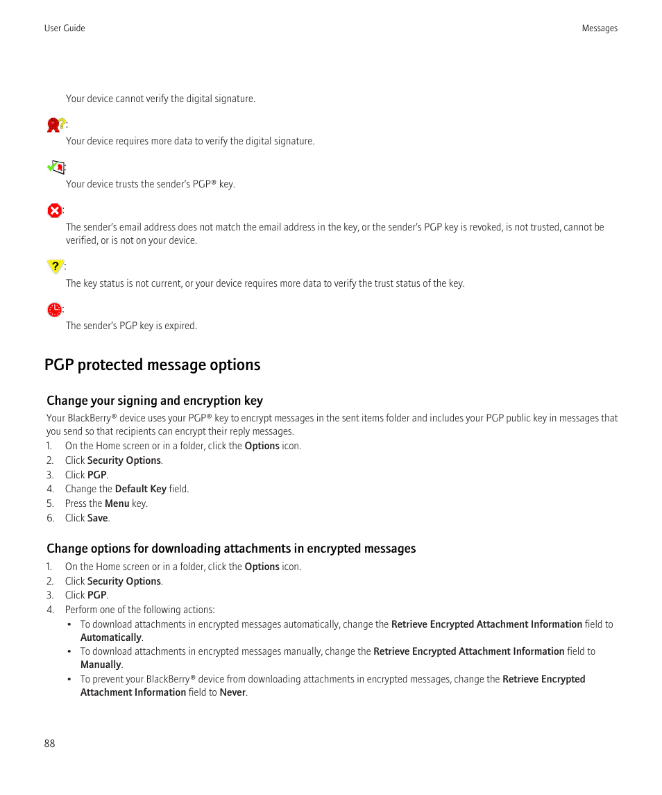 Pgp protected message options, Change your signing and encryption key | Blackberry Bold 9700 User Manual | Page 90 / 332